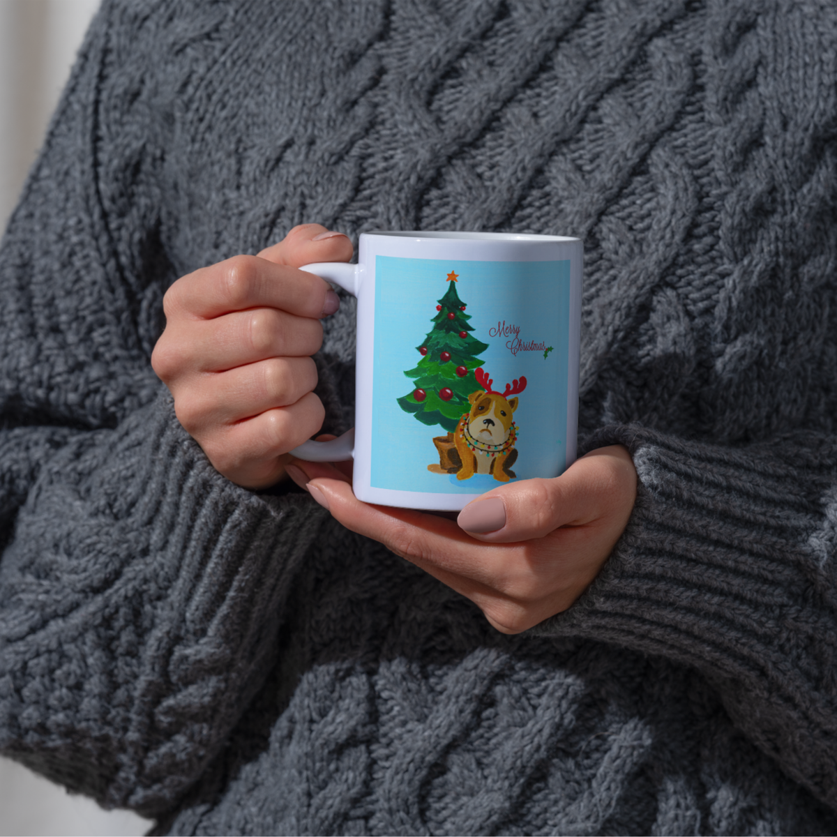 Grumpy Bulldog Reindeer Mug – Funny Christmas Dog Ceramic Coffee Mug