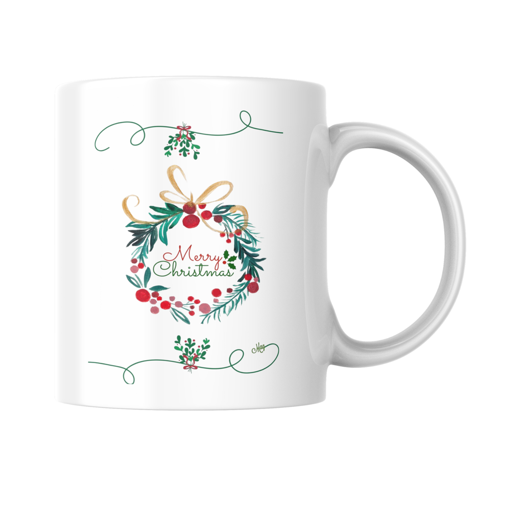 Christmas Wreath & Golden Bow Mug – Elegant Christmas Ceramic Coffee Mug