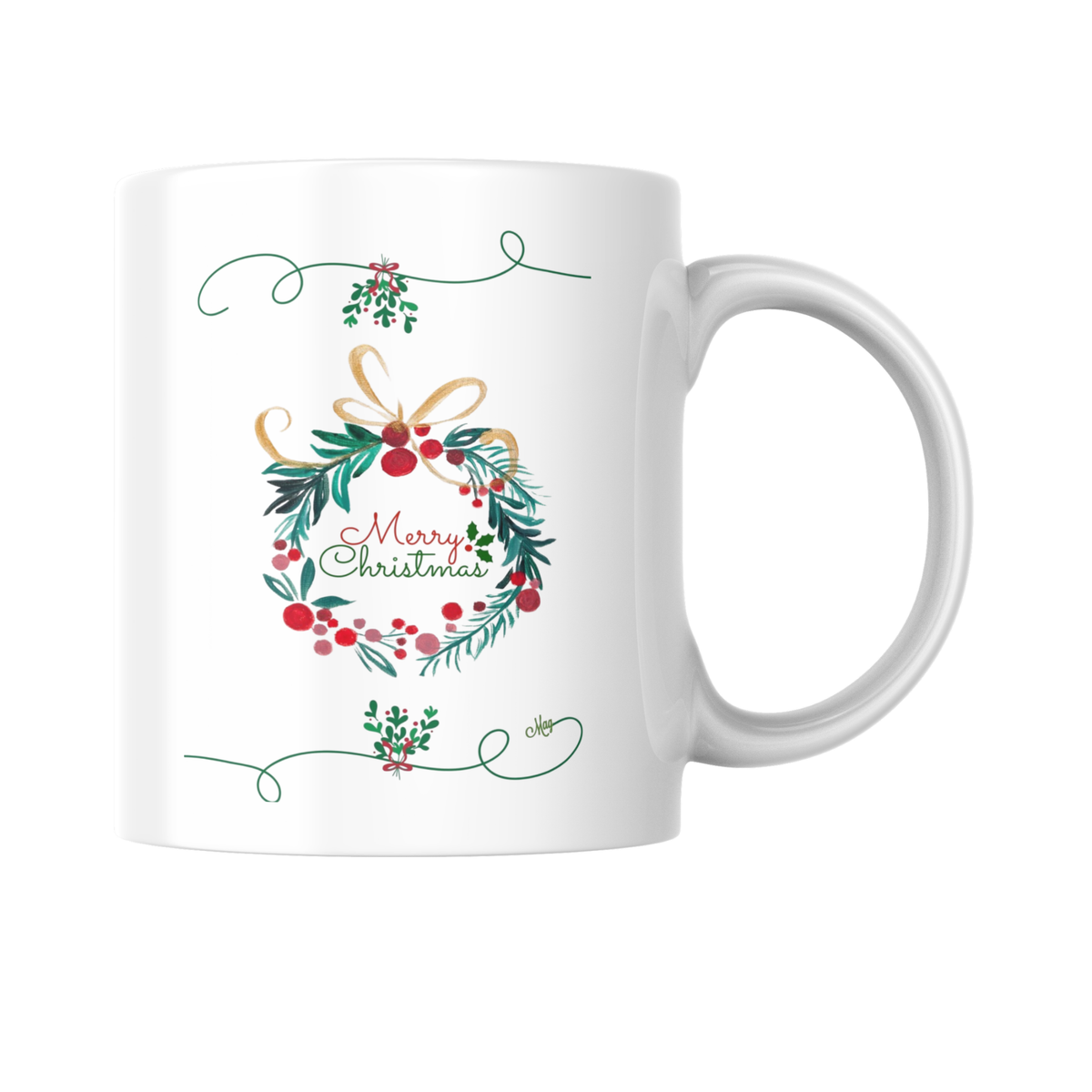 Christmas Wreath & Golden Bow Mug – Elegant Christmas Ceramic Coffee Mug