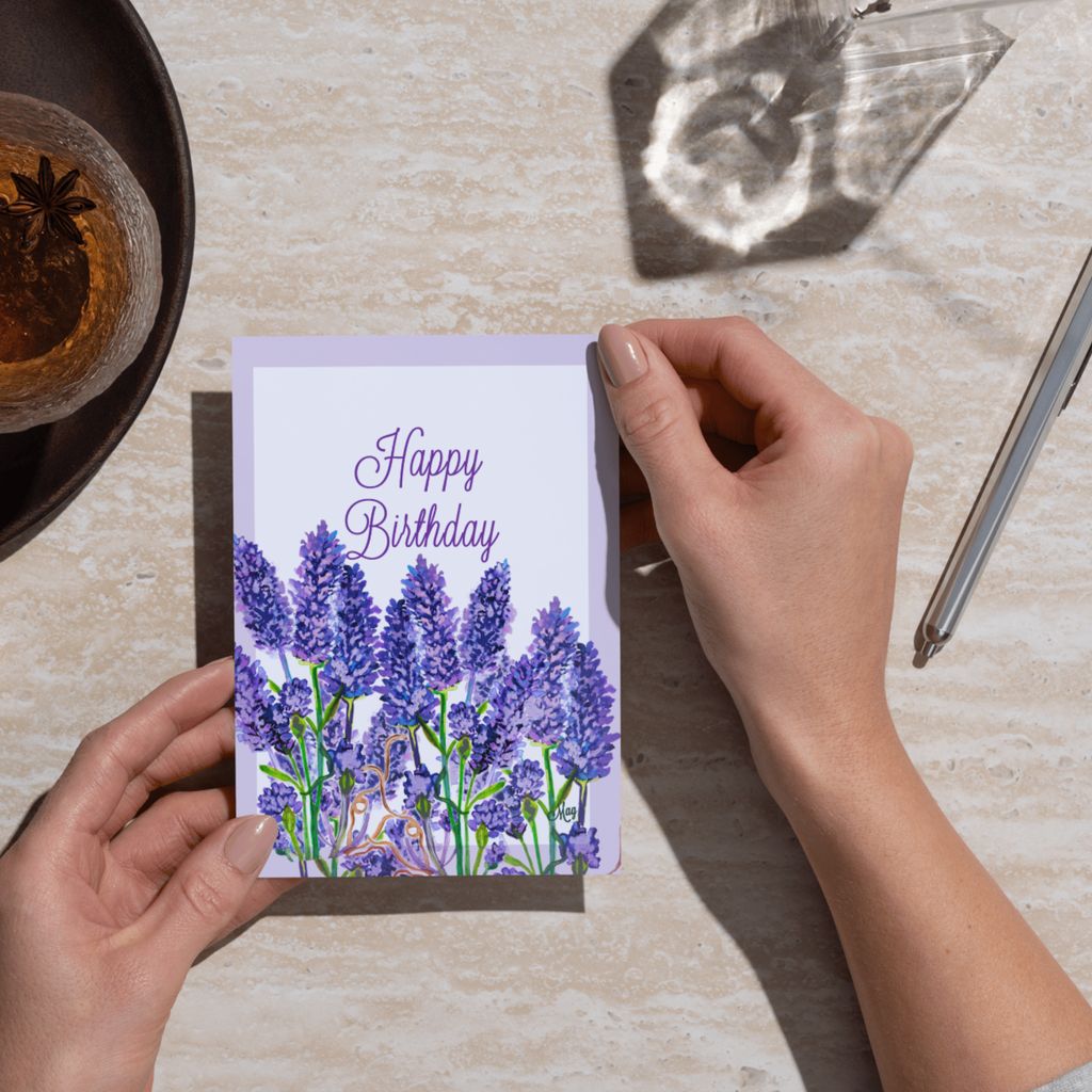 Lavender Field Card – Happy Birthday Greeting Card with Purple Florals & Framed Design