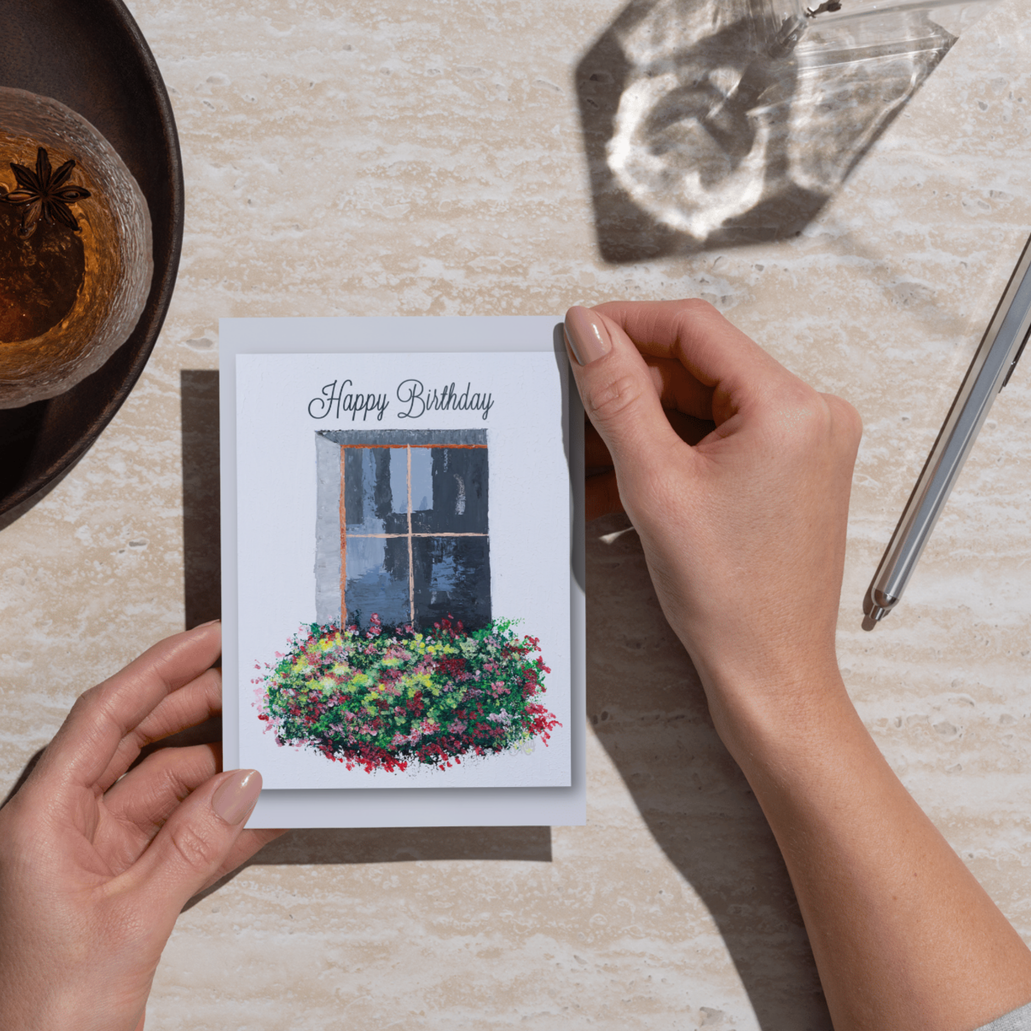 Window Garden Card – Happy Birthday Greeting Card with Painted Window & Flower Bed