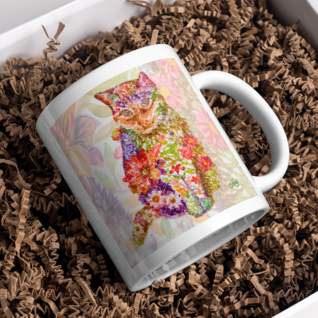 Floral Pointillism Cat Mug – Vibrant Colorful Cat Ceramic Coffee Mug