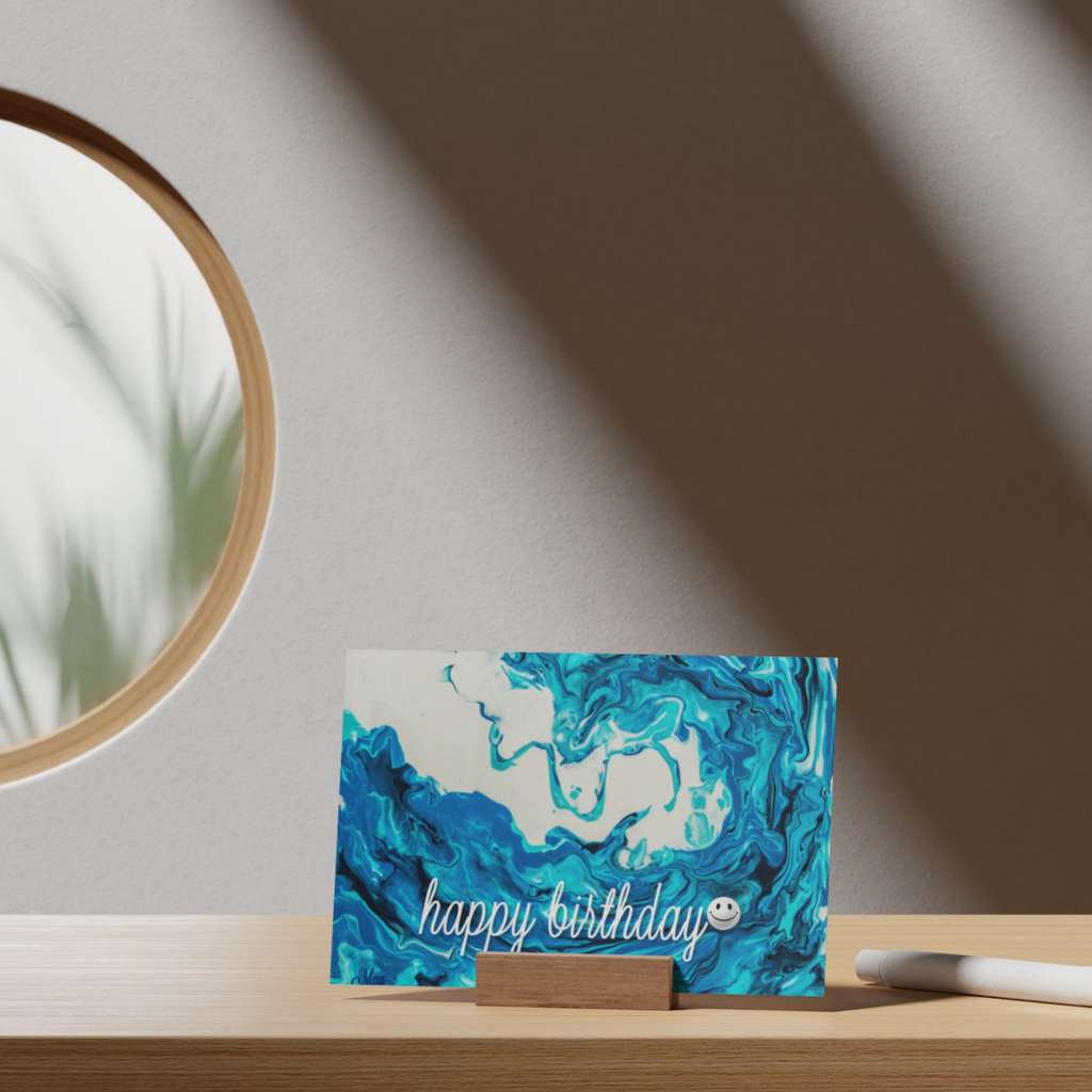Ocean Swirl Card – Happy Birthday Greeting Card with Acrylic Pour Wave & Smiley Detail