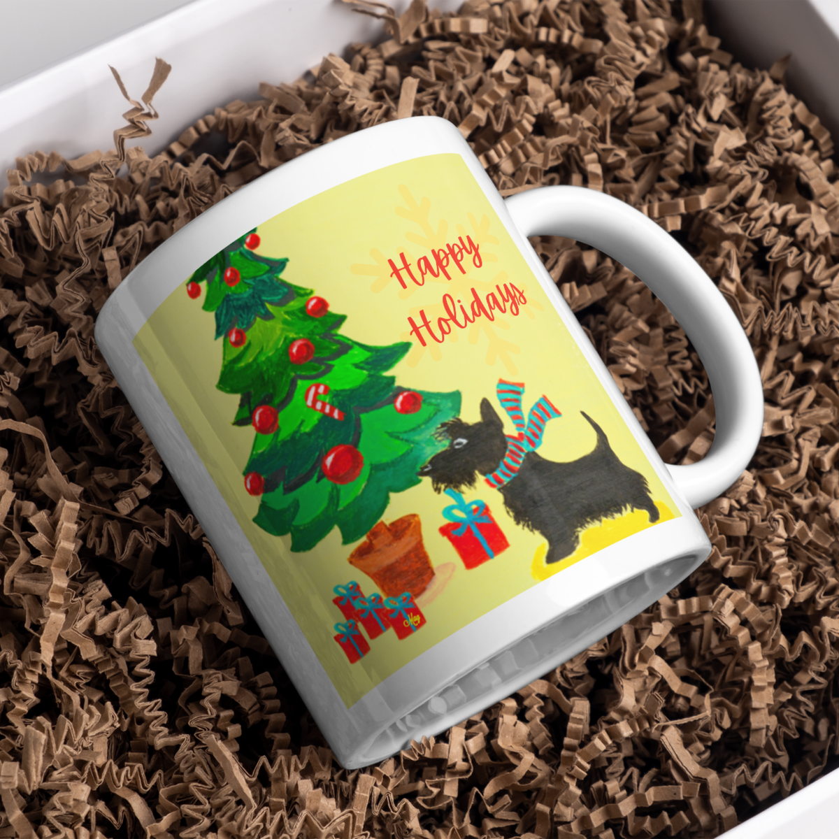 Scottie Dog & Christmas Tree Mug – Happy Holidays Dog Ceramic Coffee Mug