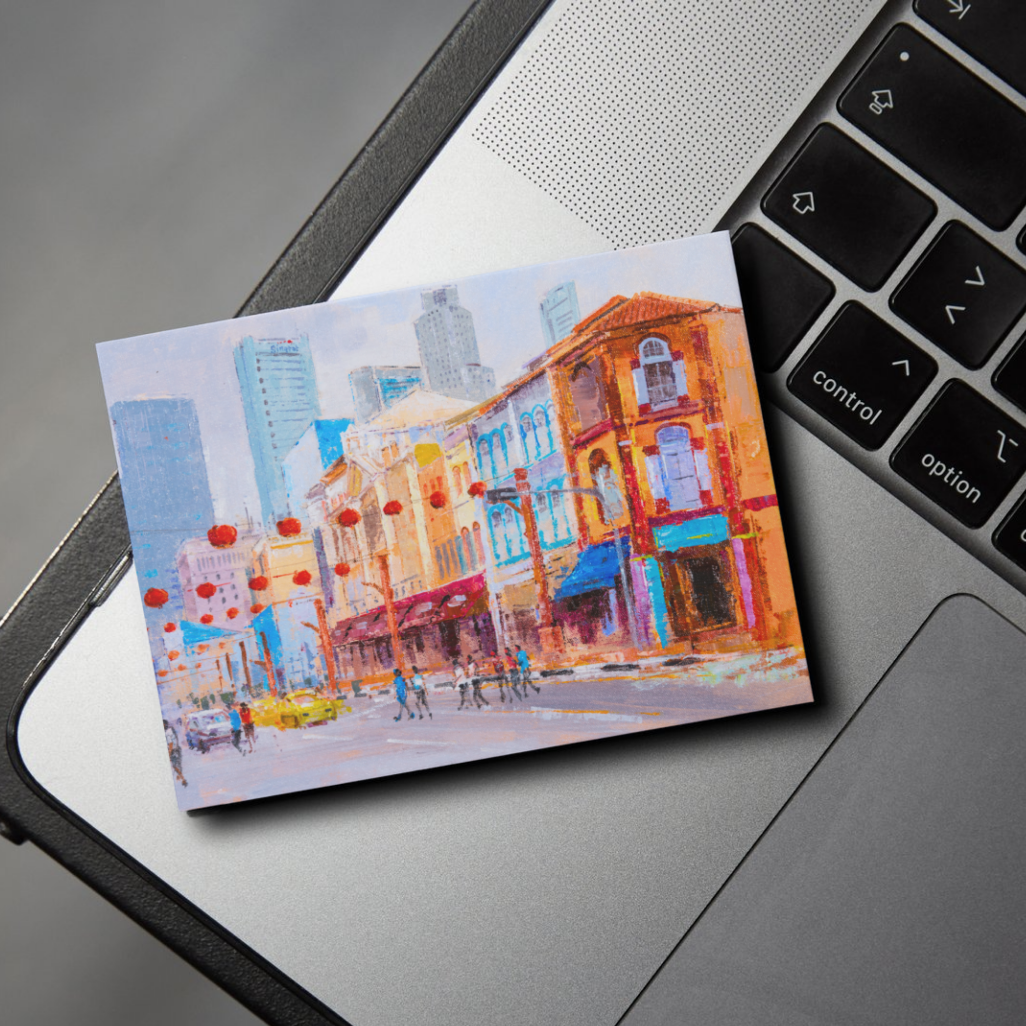 Singapore Chinatown Street Scene Landscape Card – Curated Acrylic Painting Design