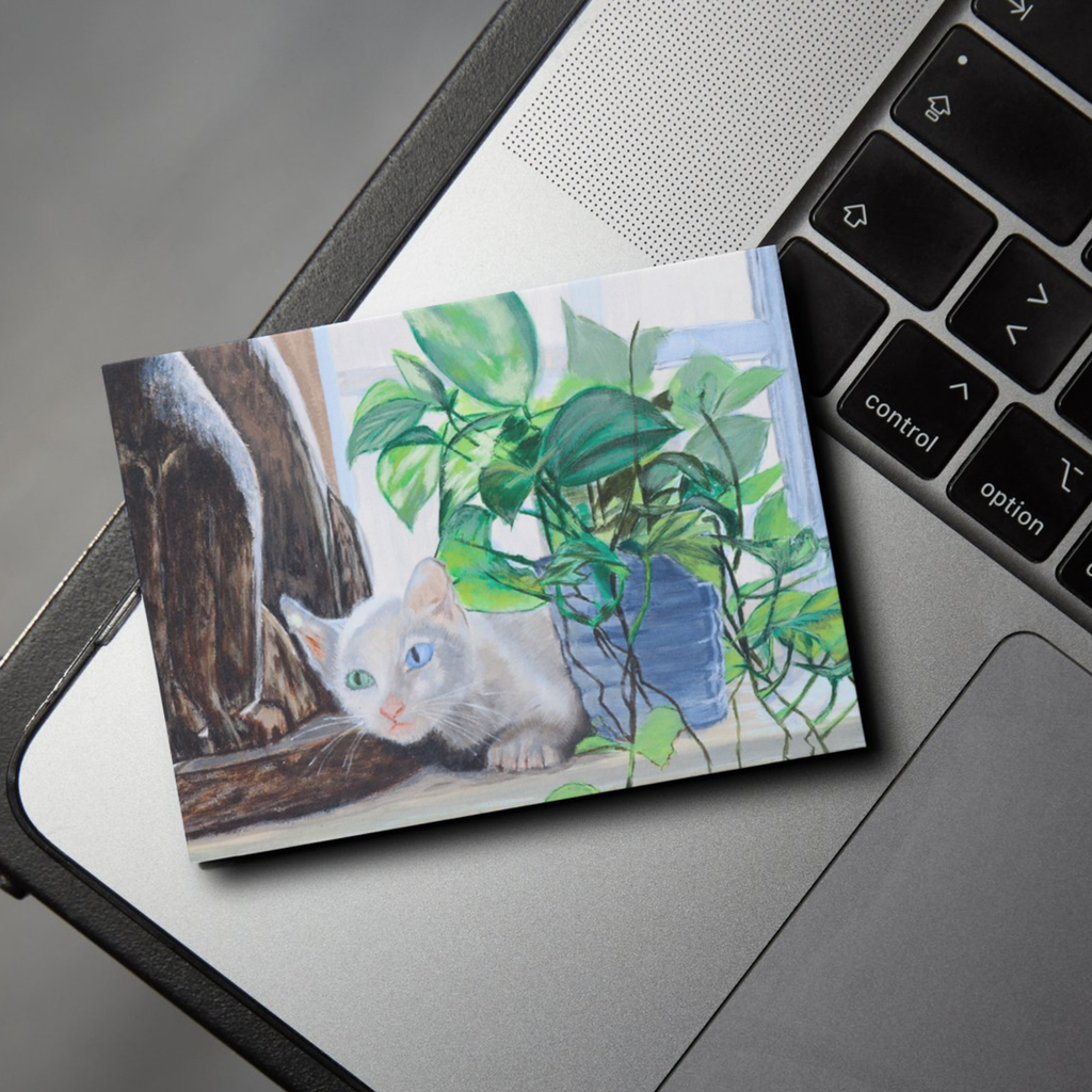 Original Acrylic White Cat with Green & Blue Eyes Art Card