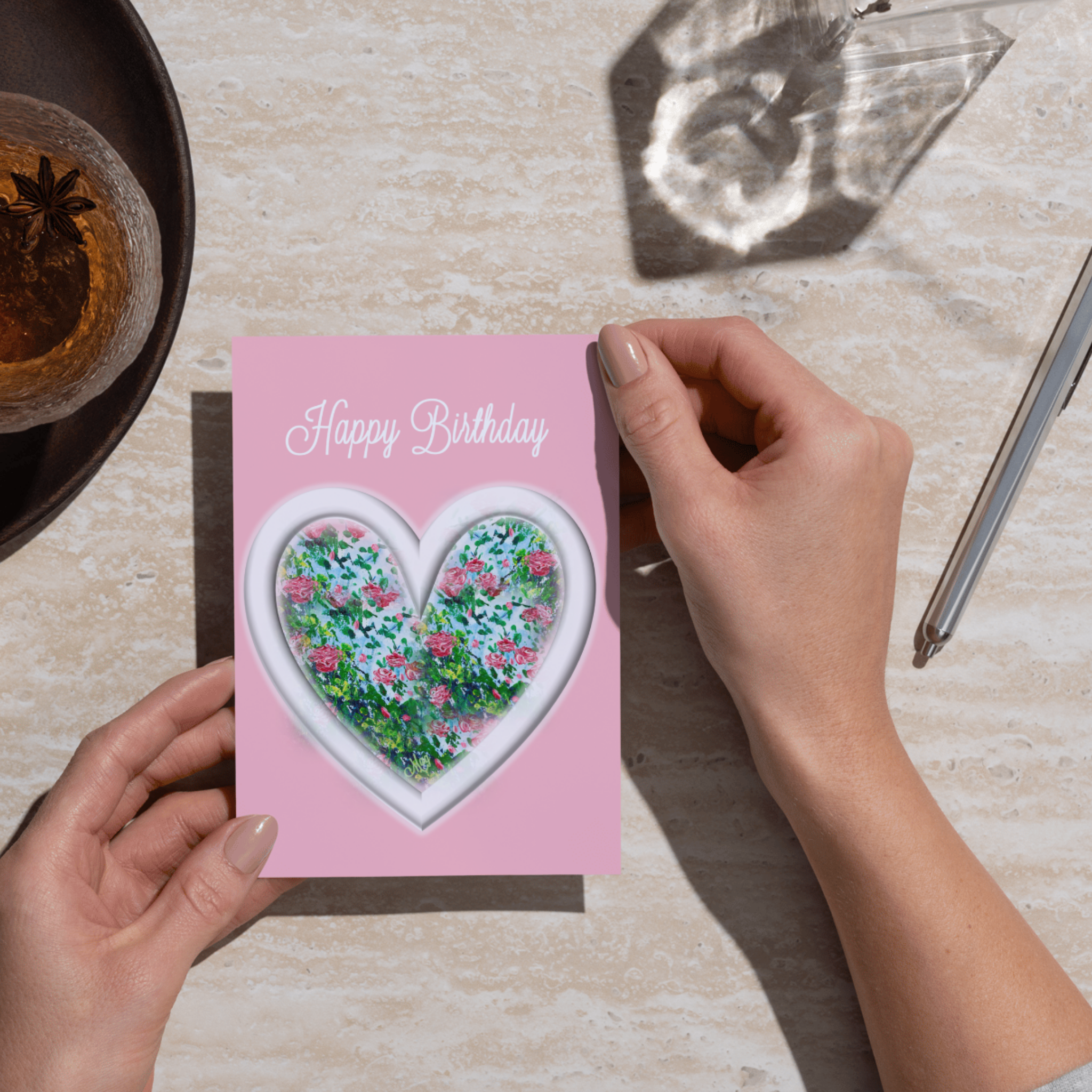 Heart & Roses Card – Happy Birthday Greeting Card with Floral Heart on Pink Background