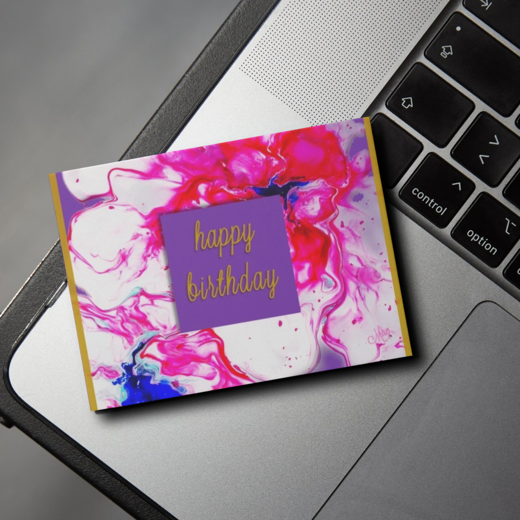 Radiant Swirl Acrylic Flow Card – Happy Birthday Greeting Card with Purple Floral & Gold Frame