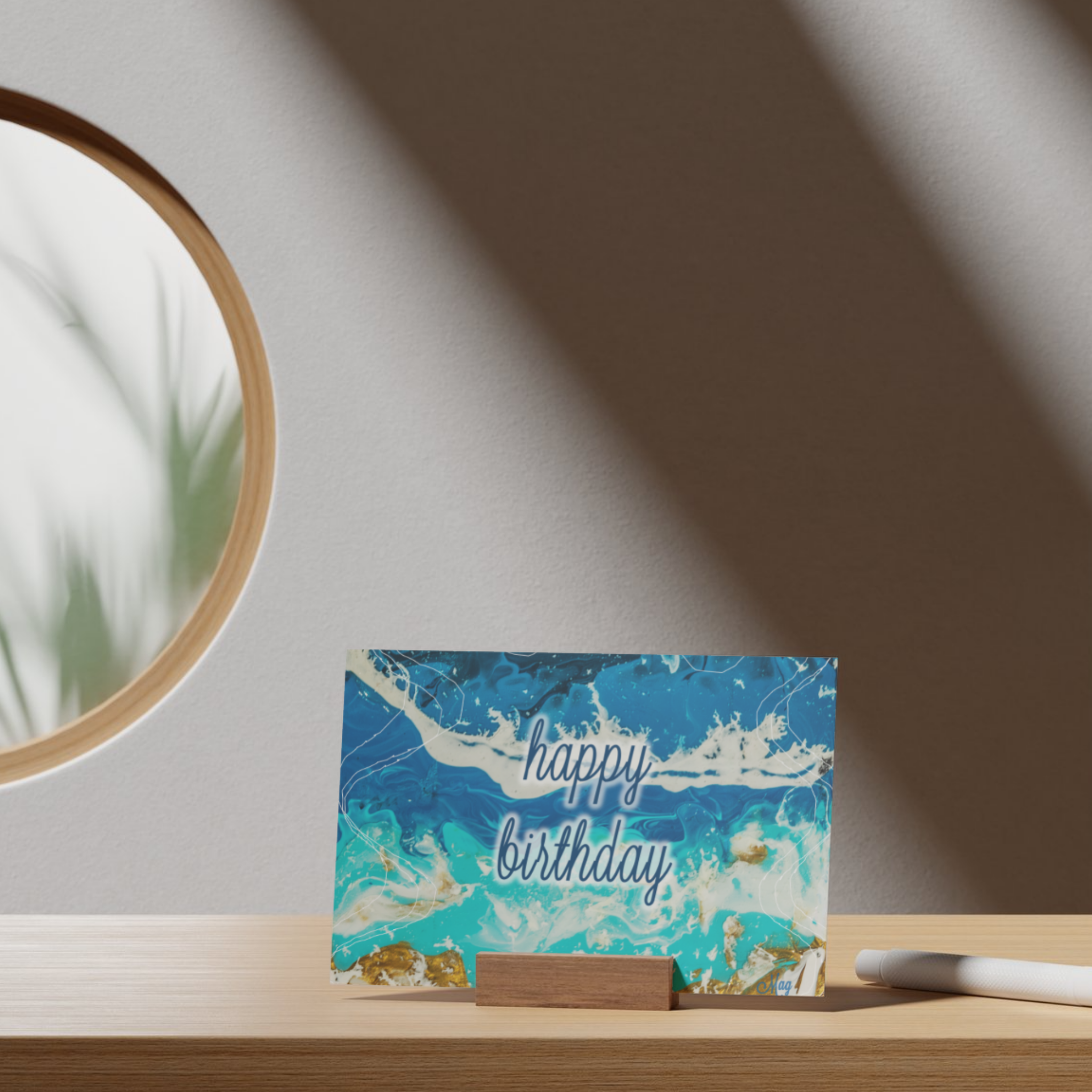 Shoreline Radiance Card – Happy Birthday Greeting Card with Acrylic Pour Sea Shore Waves