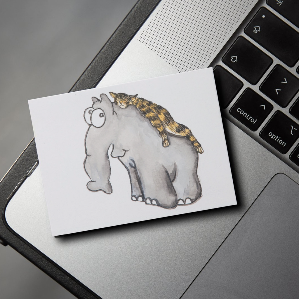 Elephant & Cat Inspired Watercolor Art Card – Playful Companionship