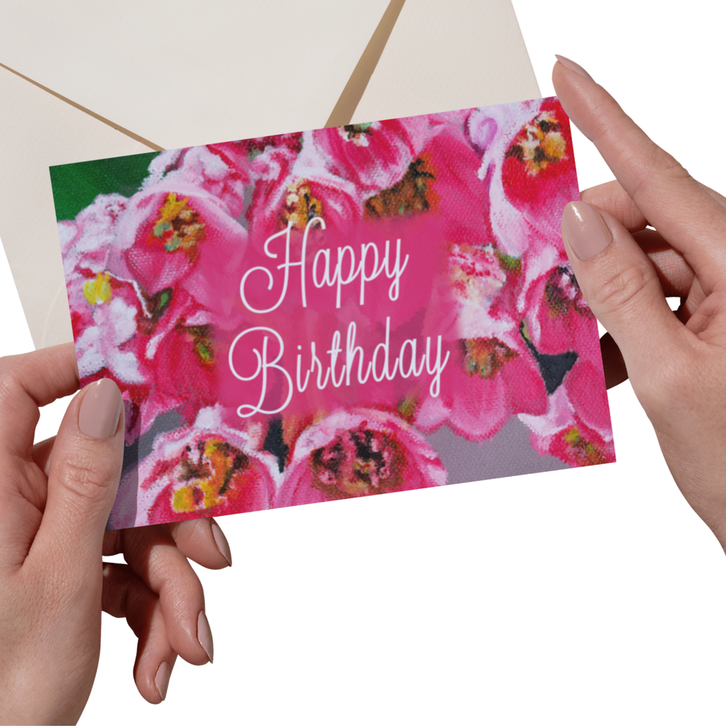 Birthday Bloom Card – Greeting Card with Pink Floral Design & Elegant Script