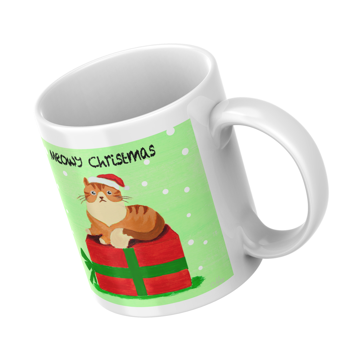 Santa Cat on Gift Box Mug – Meowy Christmas Cat Ceramic Coffee Mug