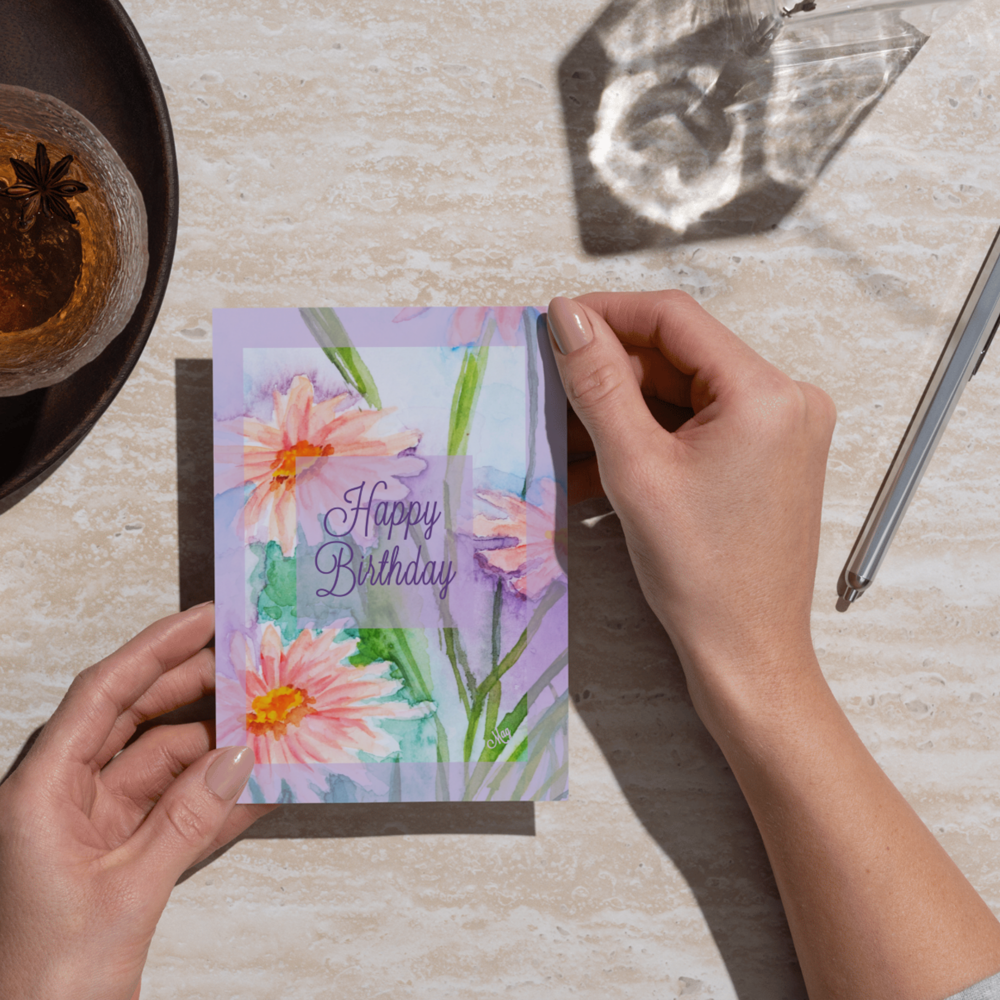 Petal Glow Card – Happy Birthday Greeting Card with Watercolor Floral Painting