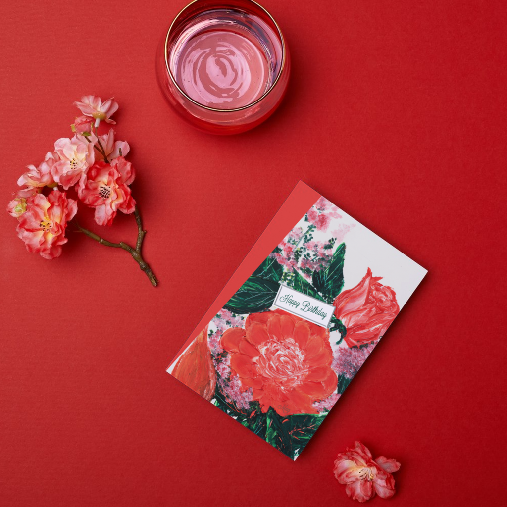 Floral Bloom Card – Happy Birthday Greeting Card with Red & Pink Blossoms