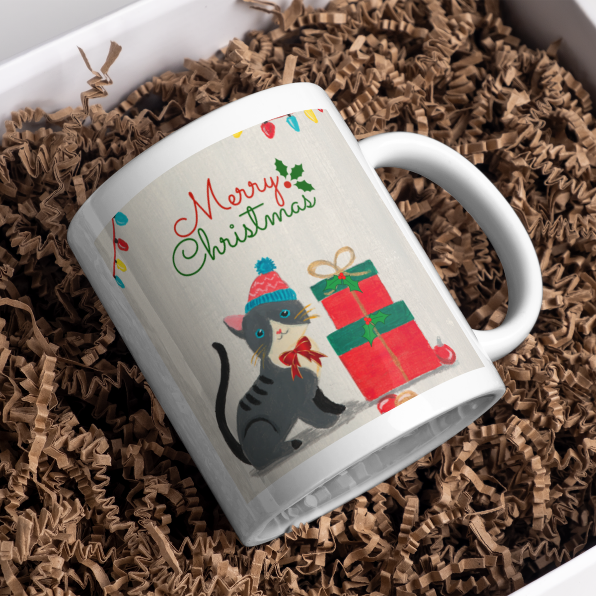 Kitten in Bobble Hat Mug – Merry Christmas Cat Ceramic Coffee Mug