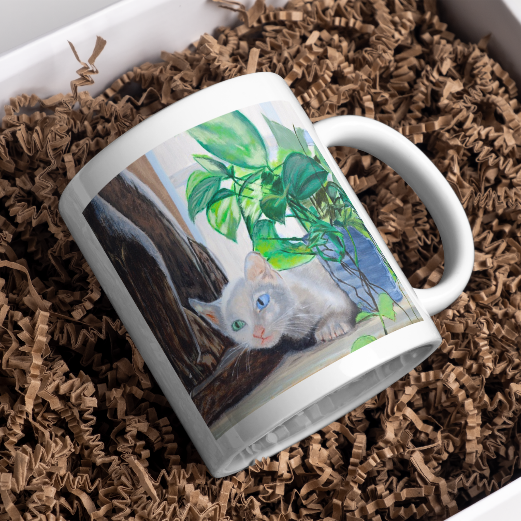 White Cat with Heterochromatic Eyes Mug – Unique Cat Ceramic Coffee Mug