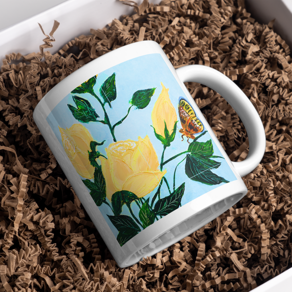 Yellow Roses & Butterfly Mug – Floral Garden Ceramic Coffee Mug