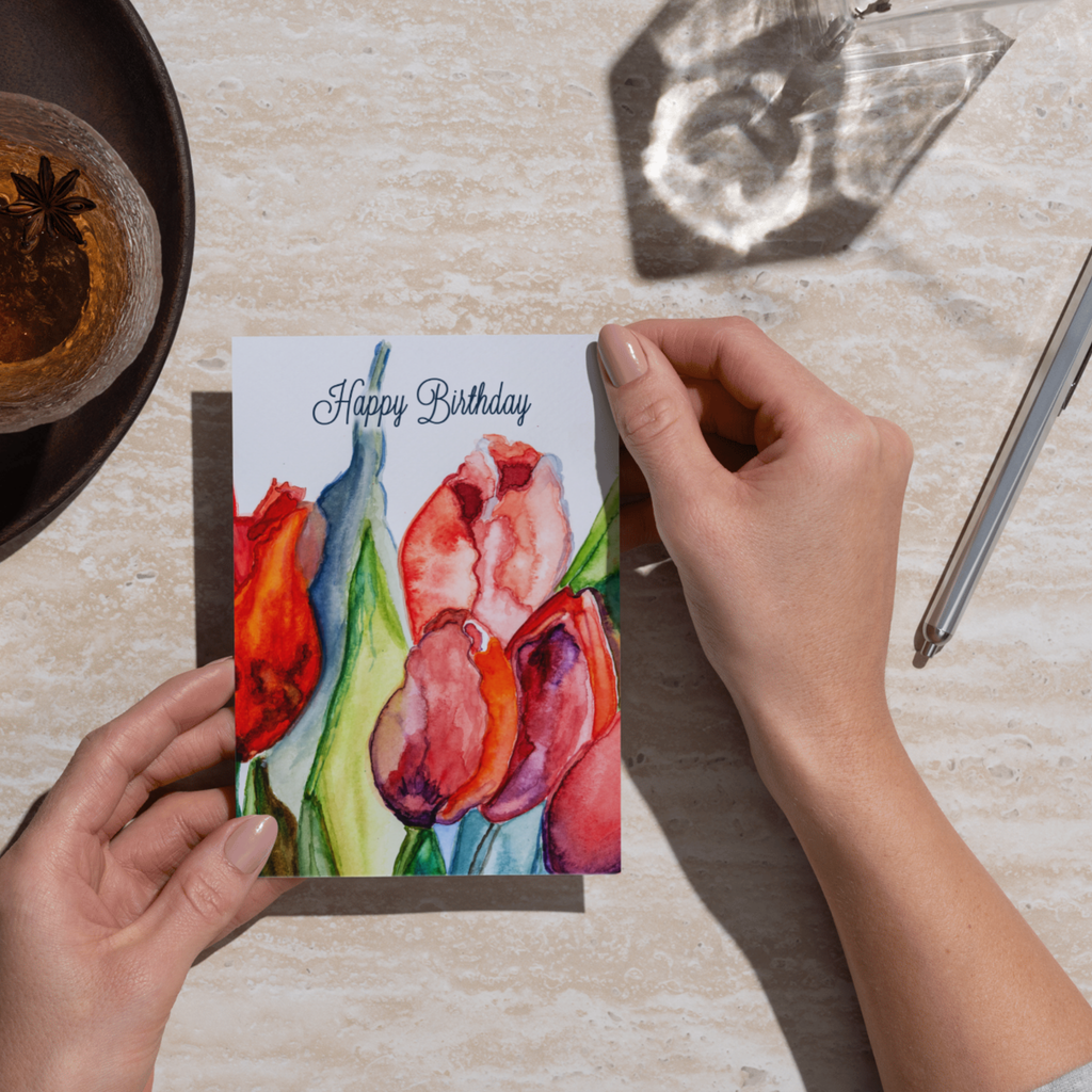 Tulip Joy Card – Happy Birthday Greeting Card with Watercolor Tulips