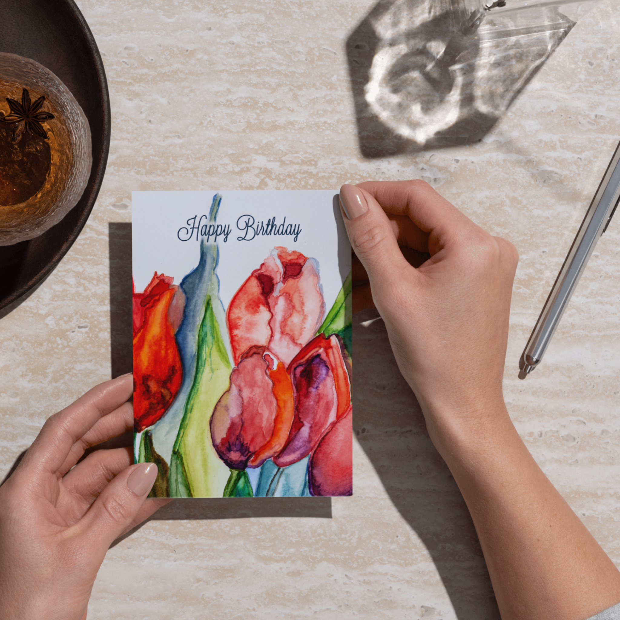 Tulip Joy Card – Happy Birthday Greeting Card with Watercolor Tulips