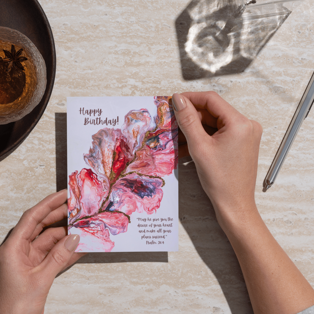 Desire Bloom Acrylic Flow Card – Happy Birthday Greeting Card with Abstract Florals & Psalm 20:4 Blessing