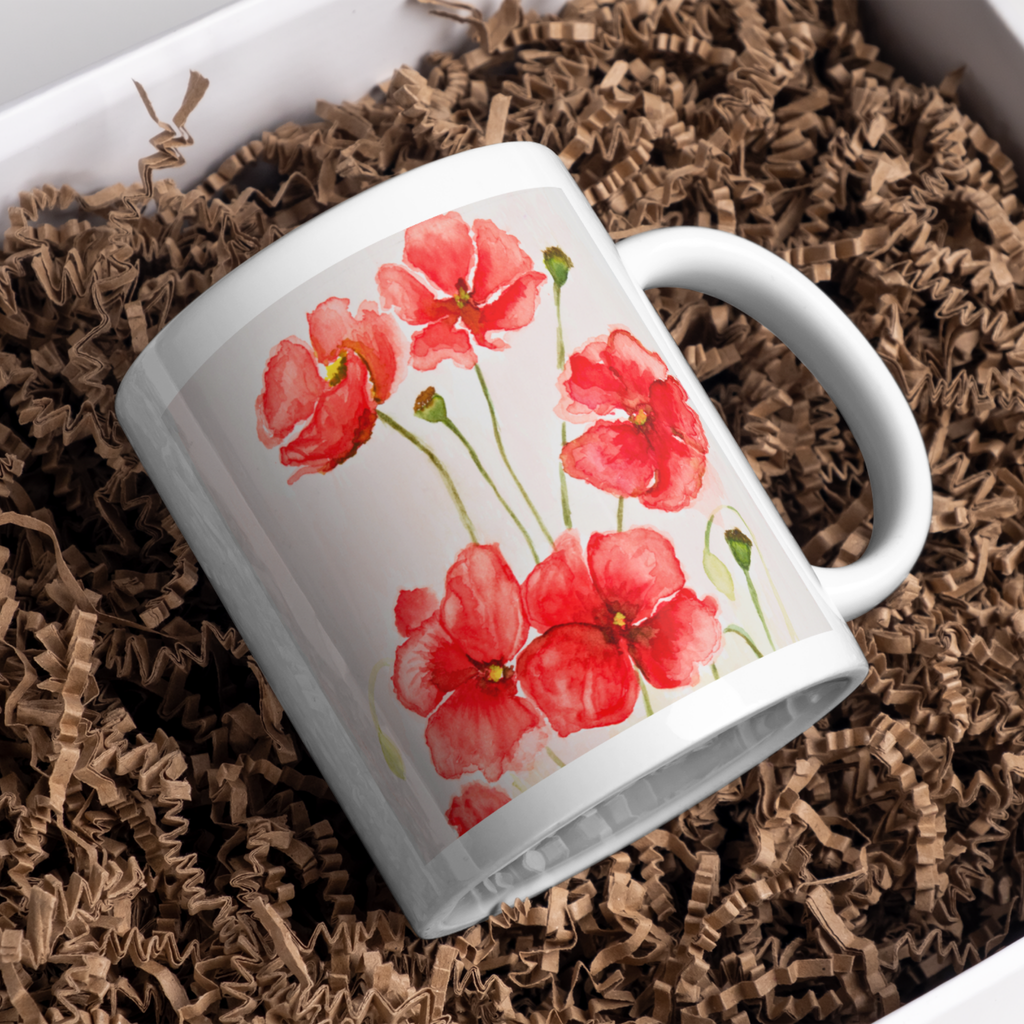 Red Poppies Mug – Watercolor Floral Ceramic Coffee Mug