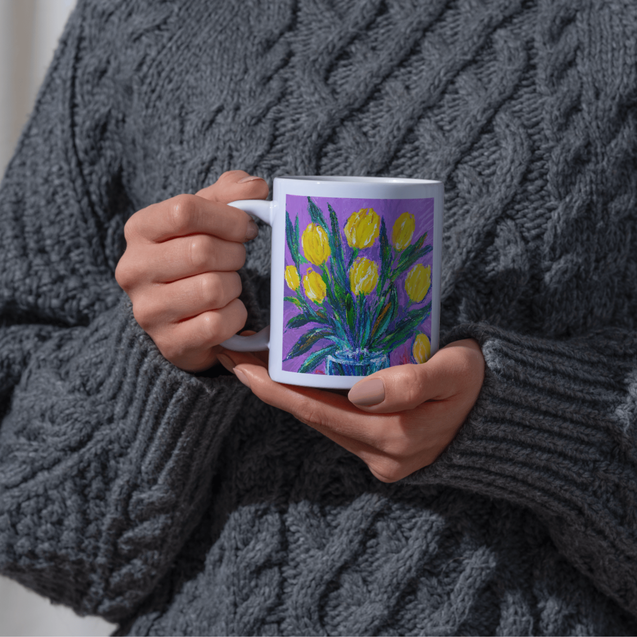 Sunlit Blooms Mug – Ceramic Mug with Yellow Tulips in a Clear Vase Artwork