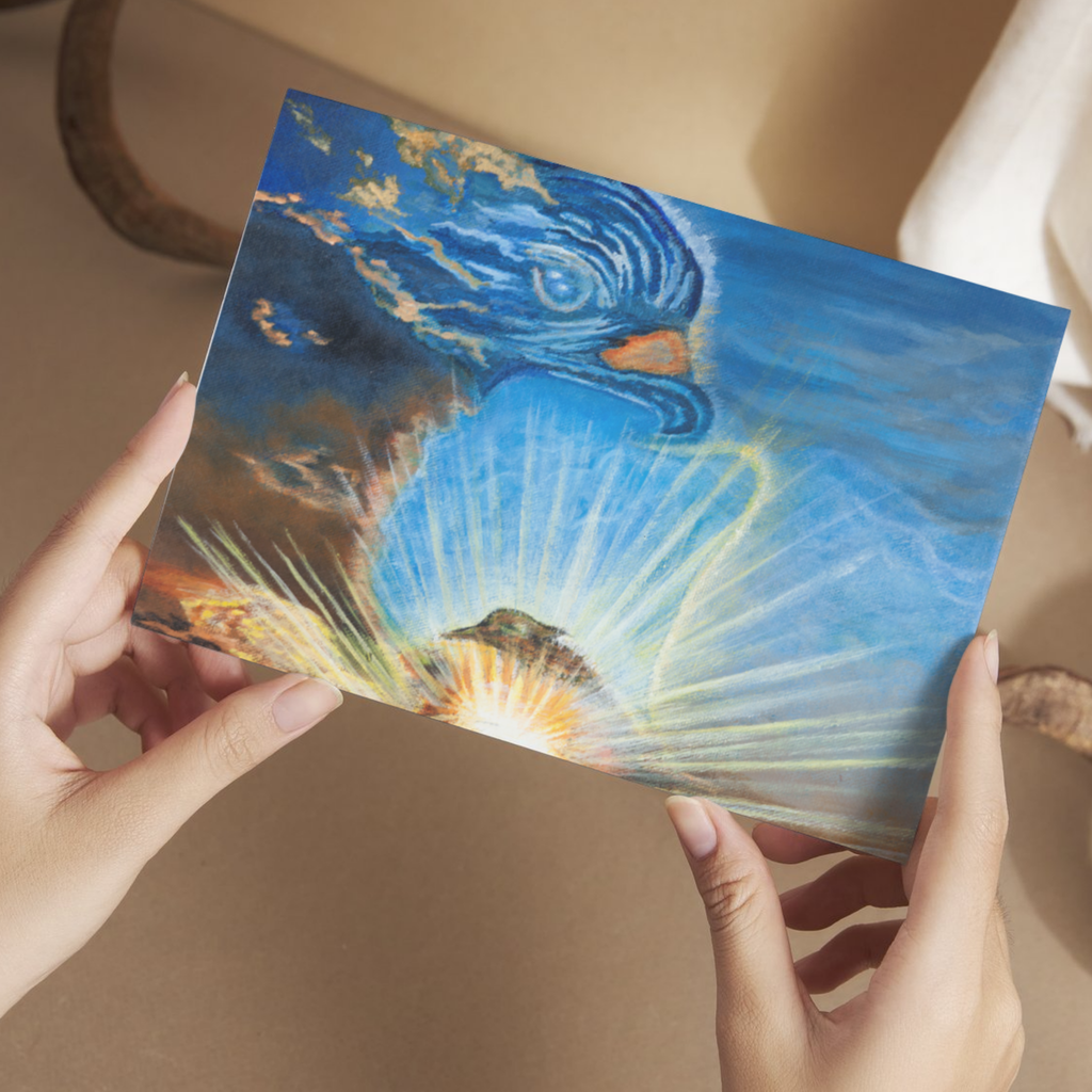Messenger in the Sky Card – Greeting Card with Surreal Cloud Bird & Radiant Light Artwork