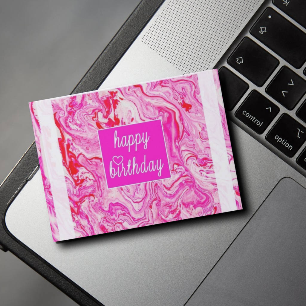 Acrylic Flow Card – Happy Birthday Greeting Card with Pink Marbled Background & Heart Accent