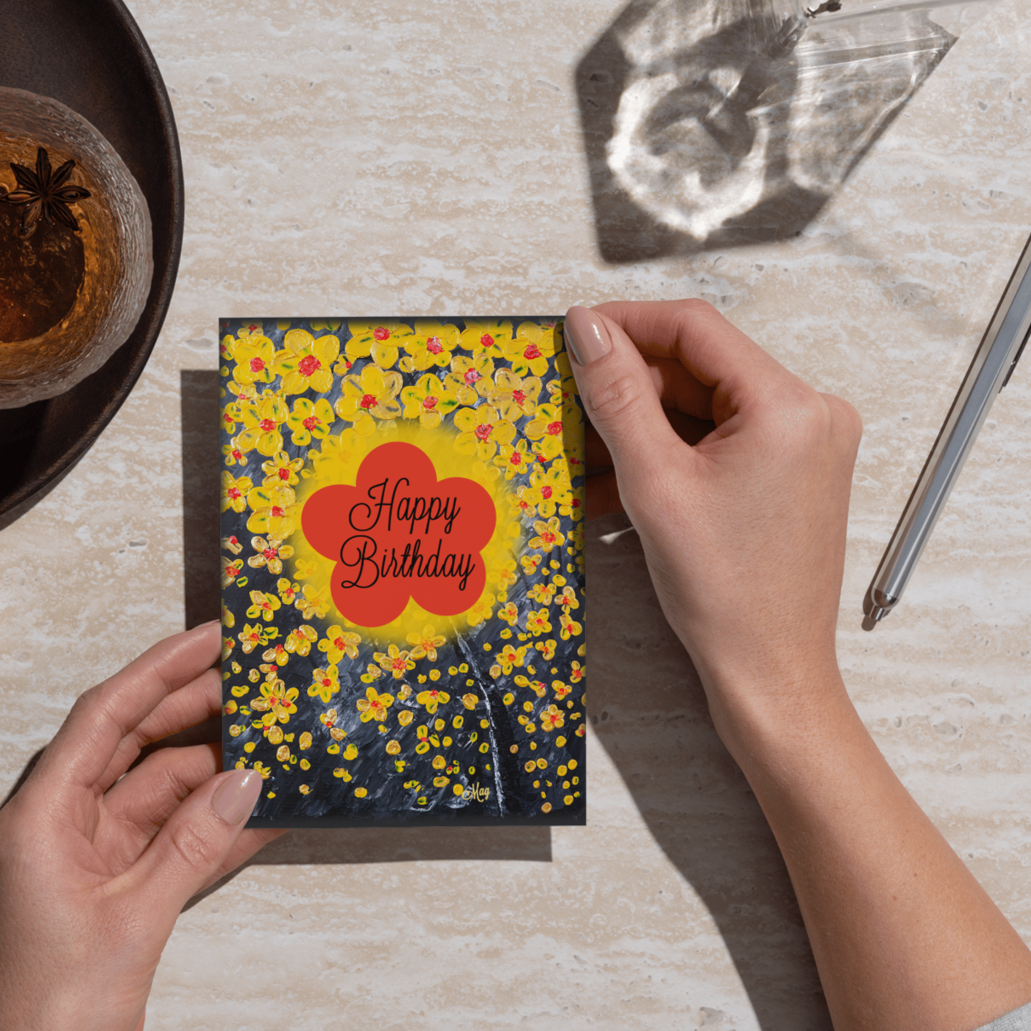 Radiant Bloom Card – Happy Birthday Greeting Card with Yellow Blossoms