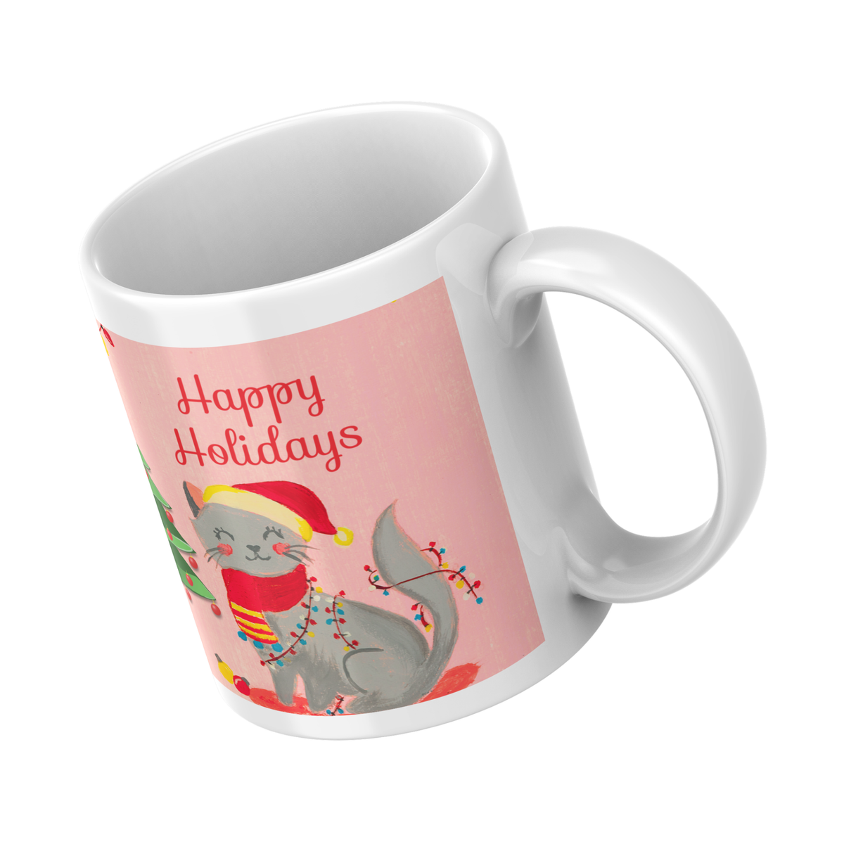 Grey Cat & Fairy Lights Mug – Happy Holidays Cat Ceramic Coffee Mug