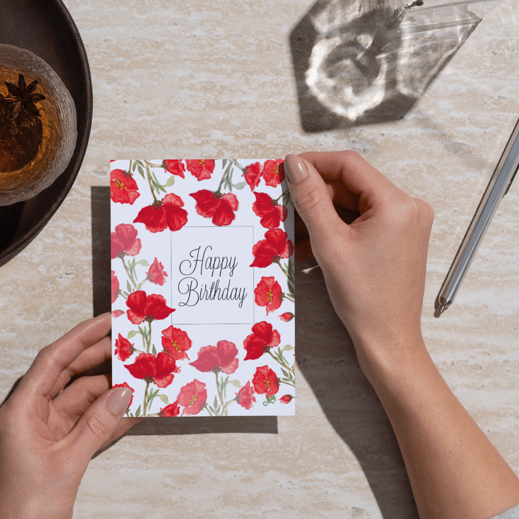 Poppy Frame Card – Happy Birthday Greeting Card with Watercolor Red Poppies