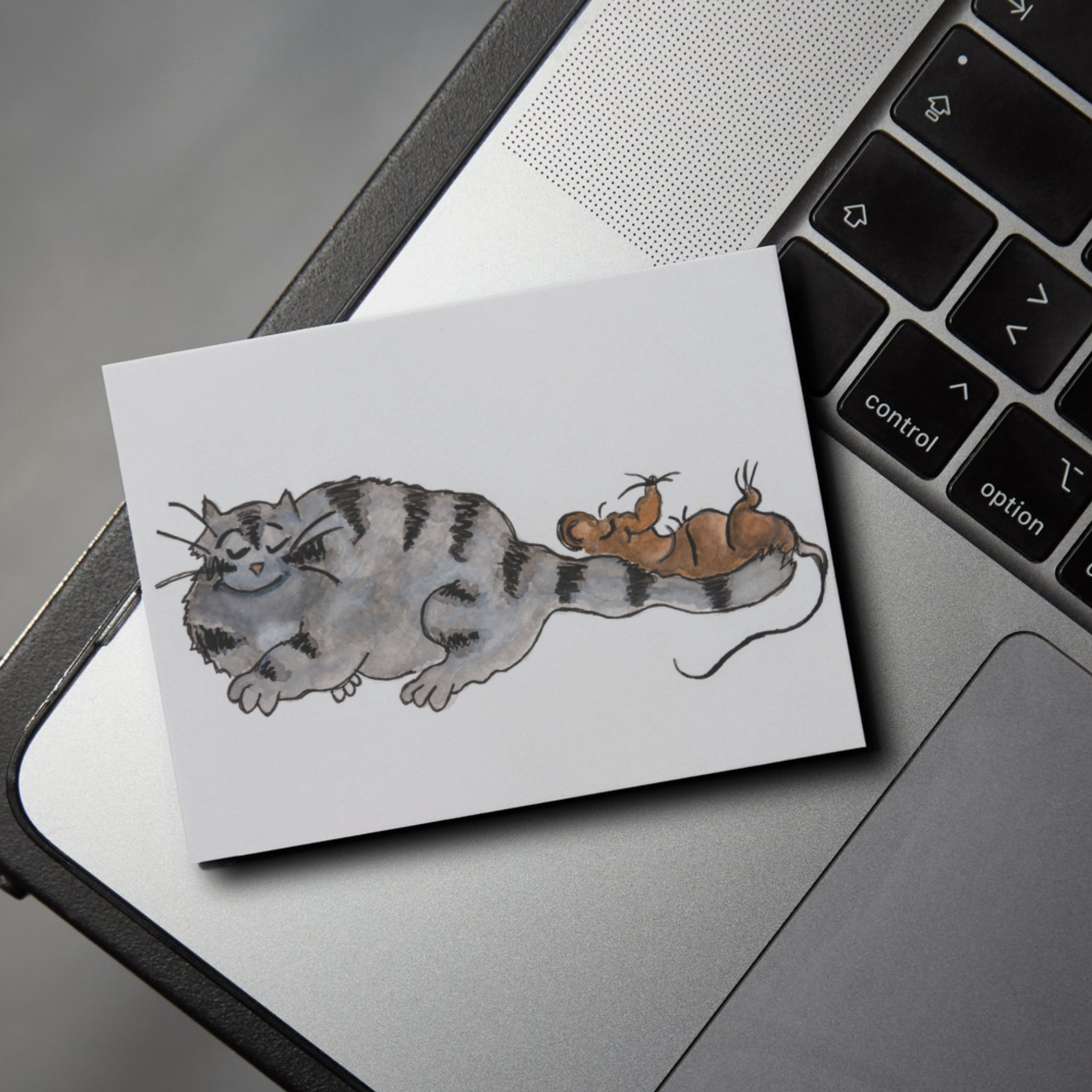 Cat & Mouse Inspired Line and Wash Art Card – Whimsical Friendship