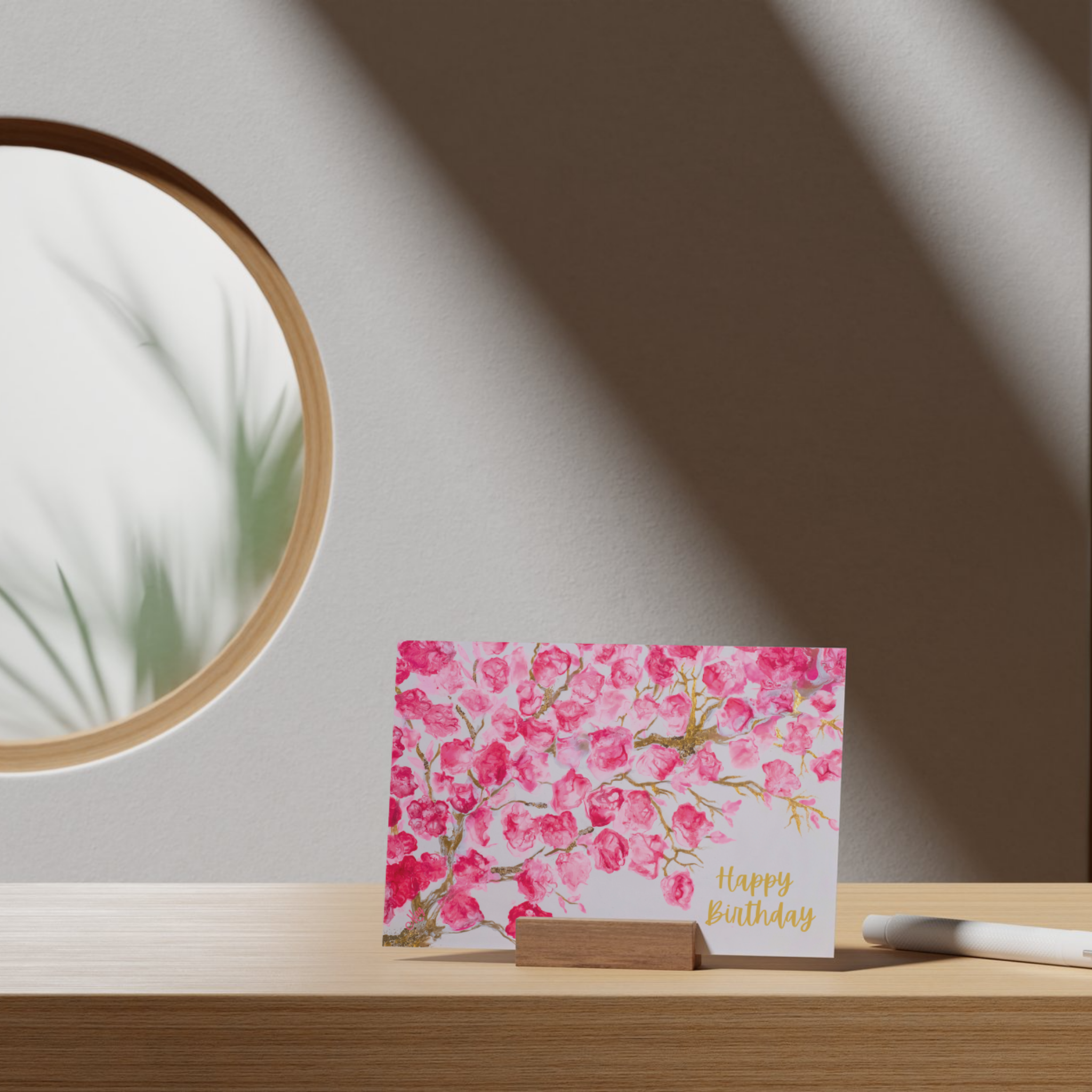 Pink Blossoms Impressionist Card – Happy Birthday Greeting Card with Pink Florals & Gold Branches