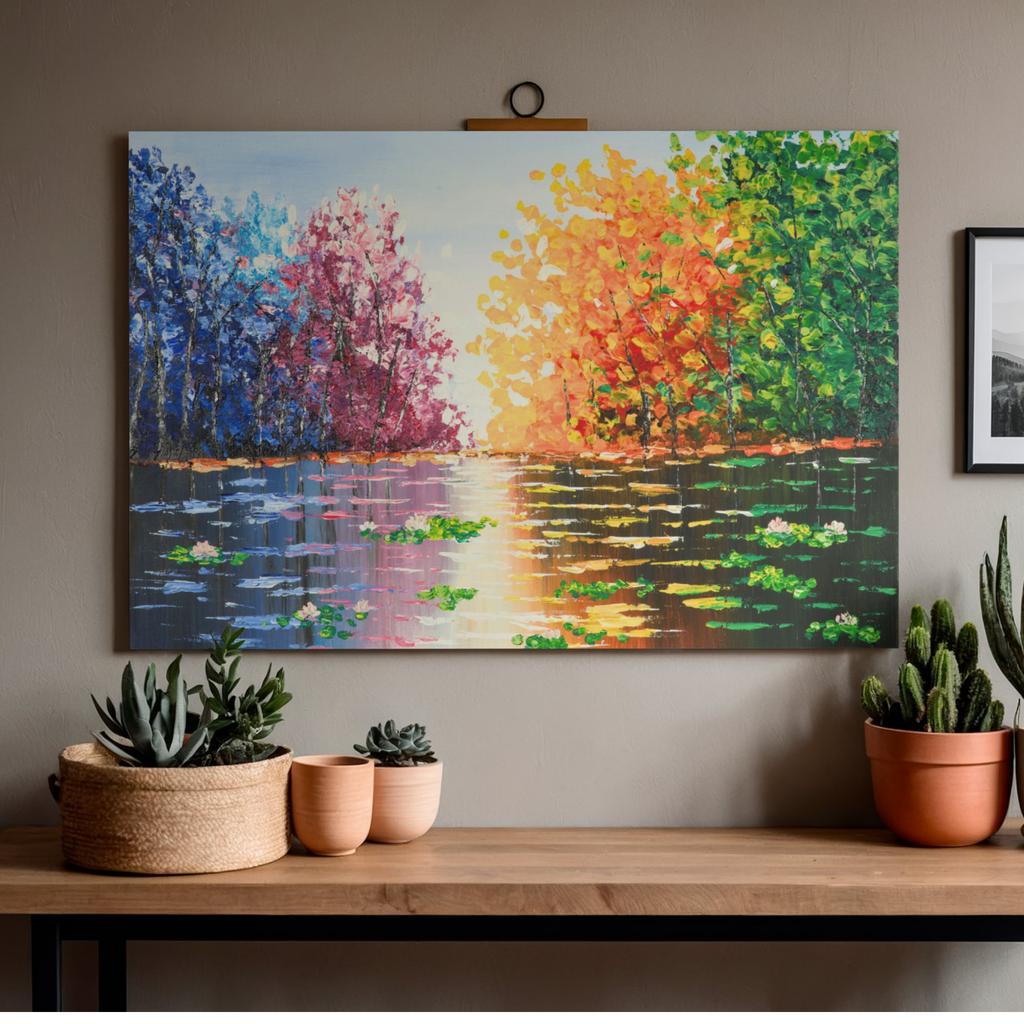 Seasons Reflections Canvas Print – A3 Vibrant Tree Landscape Wall Art