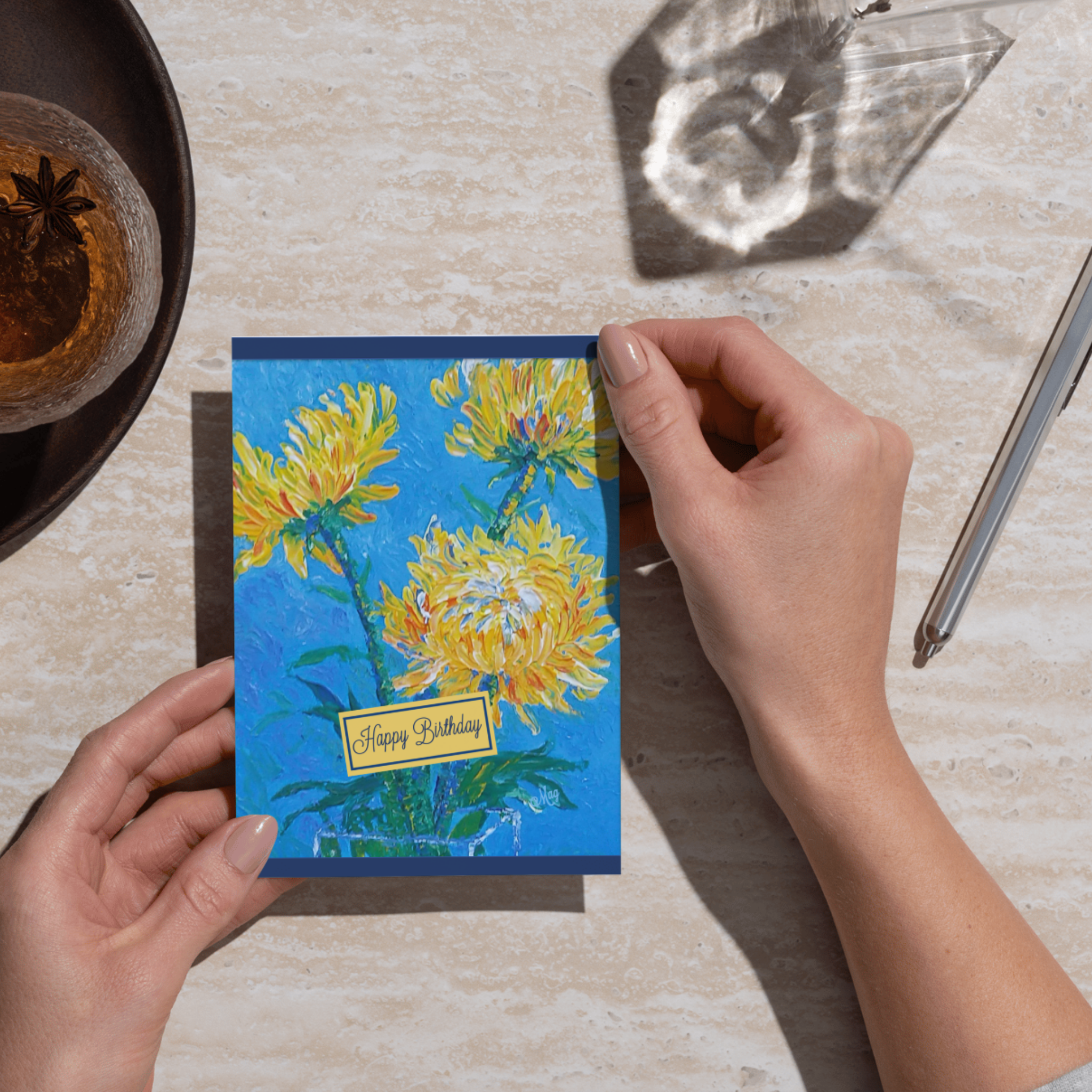 Chrysanthemum Sky Card – Happy Birthday Greeting Card with Yellow Chrysanthemum Painting