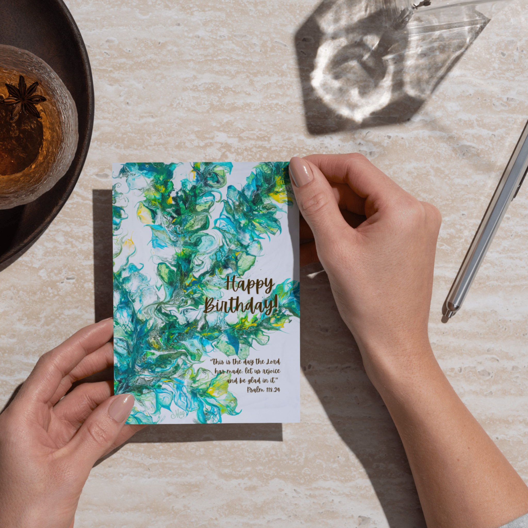 Acrylic Flow Card – Happy Birthday Greeting Card with Abstract Swirls & Psalm 118:24 Blessing