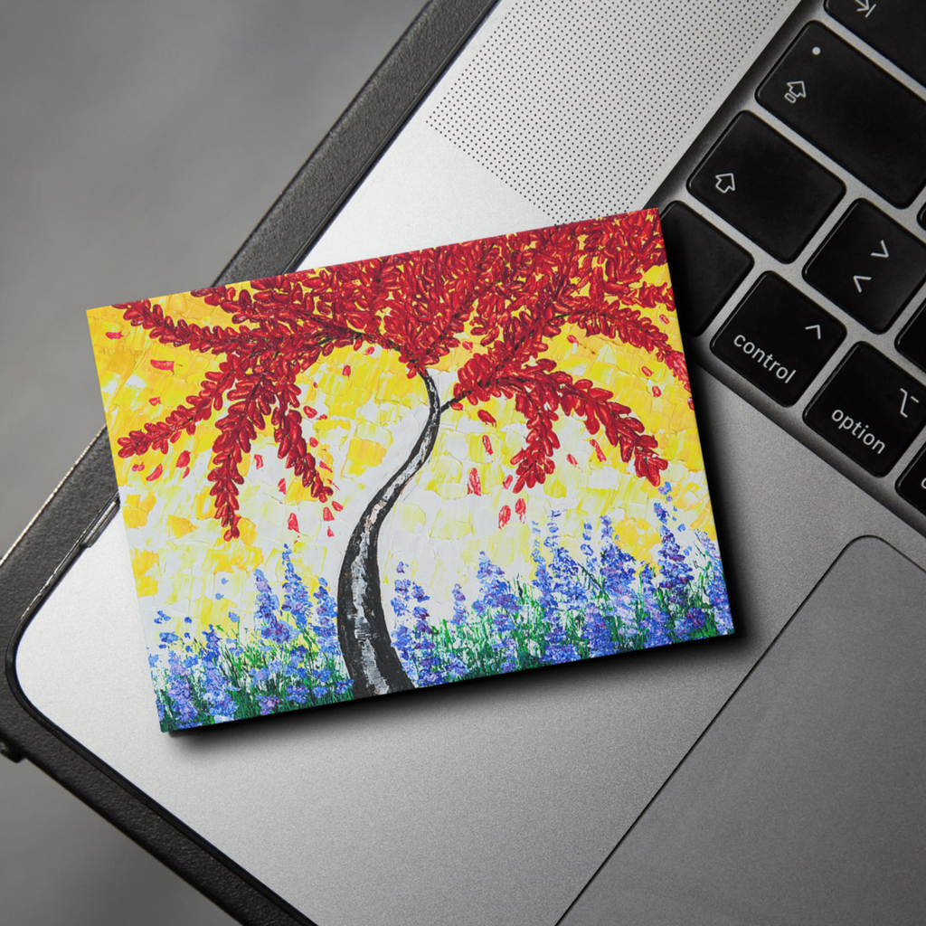 Crimson Tree Floral Card – Acrylic Painting Design