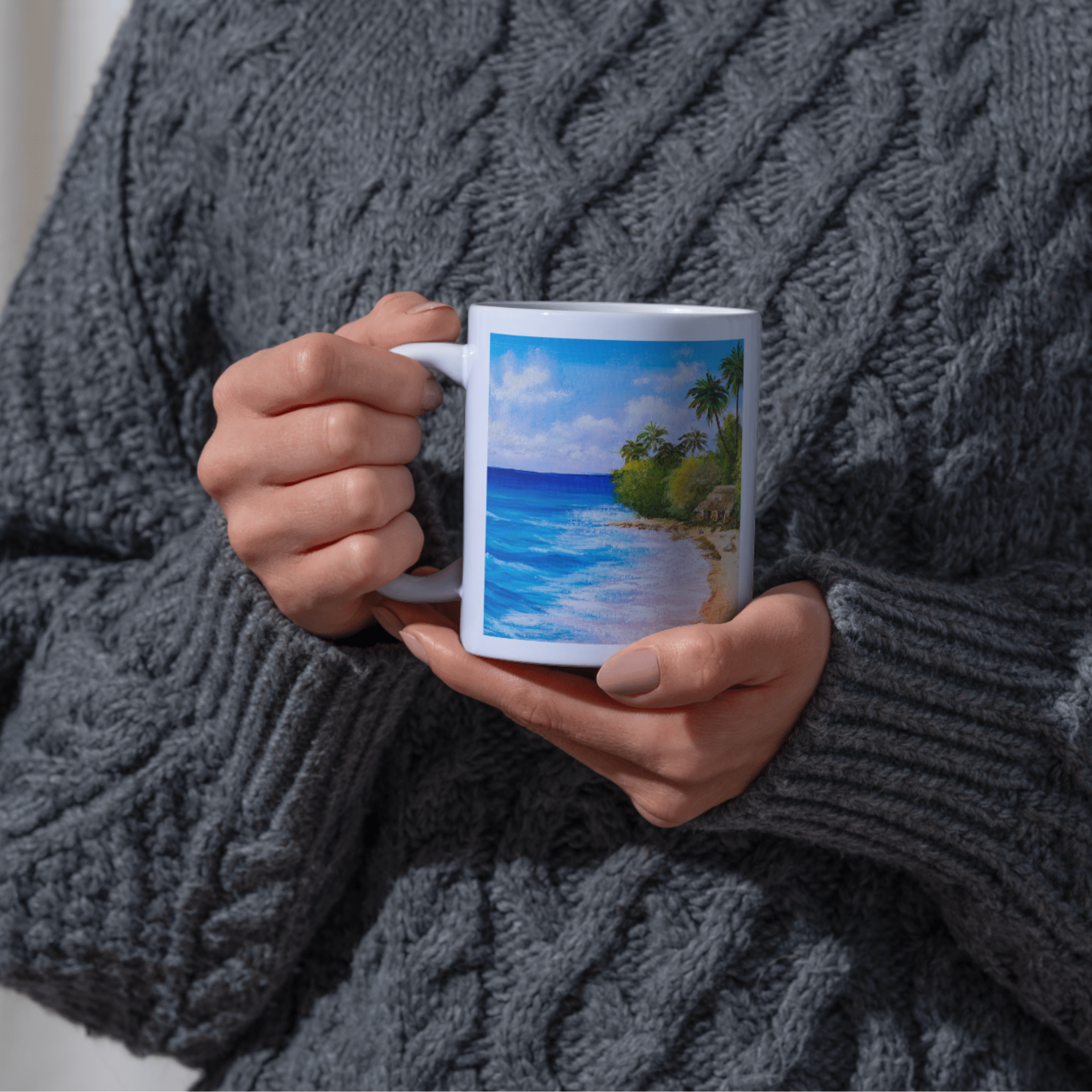 Coastal Retreat Mug – Ceramic Mug with Tropical Beach Scene & Palm Hut