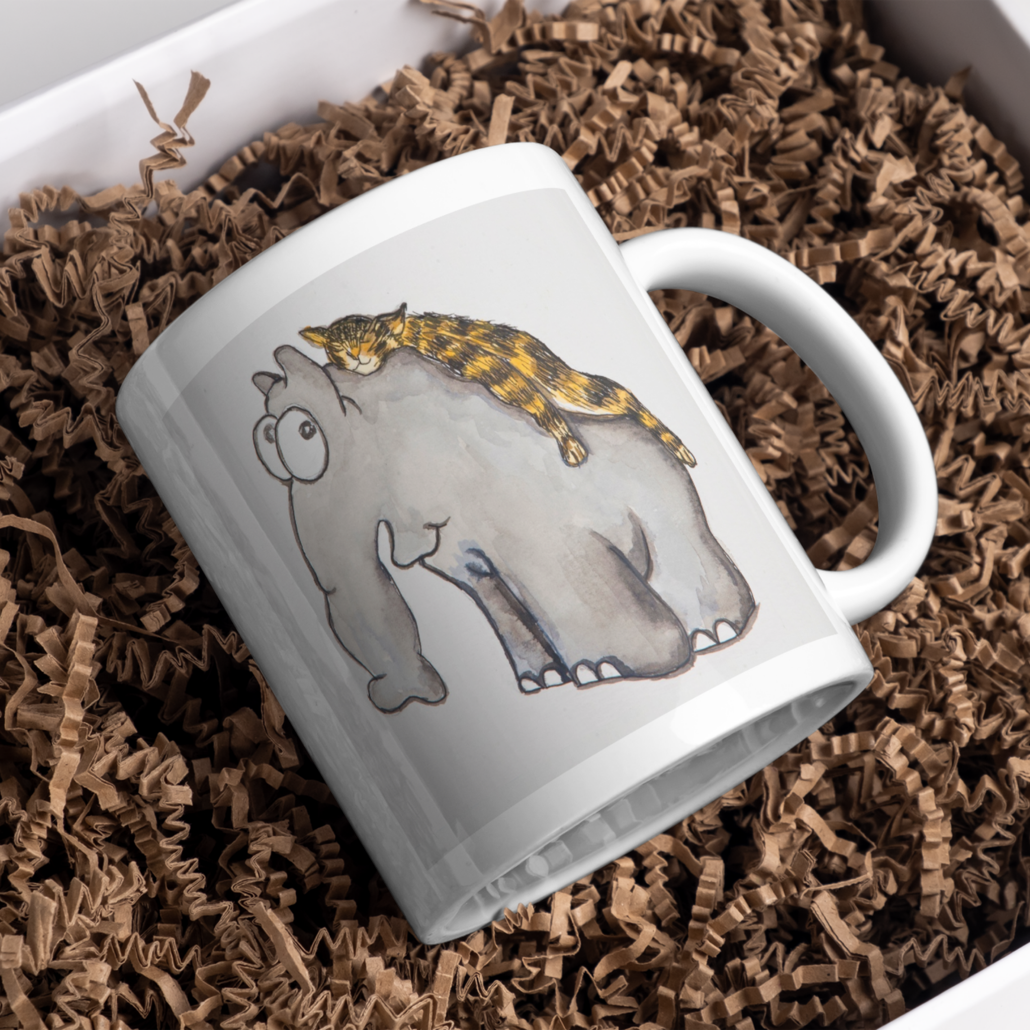 Elephant & Cat Napping Mug – Whimsical Companionship Ceramic Coffee Mug