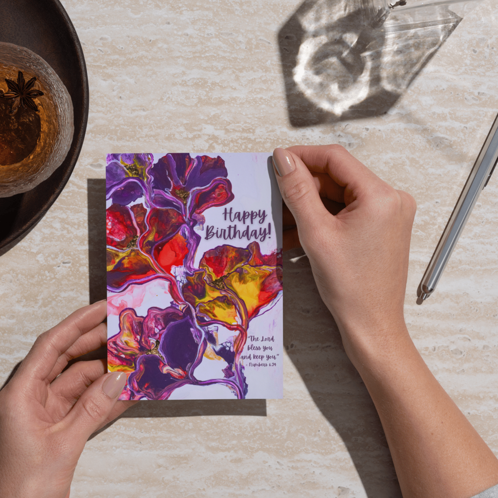 Blessed Bloom Acrylic Flow Card – Happy Birthday Greeting Card with Abstract Florals & Biblical Blessing