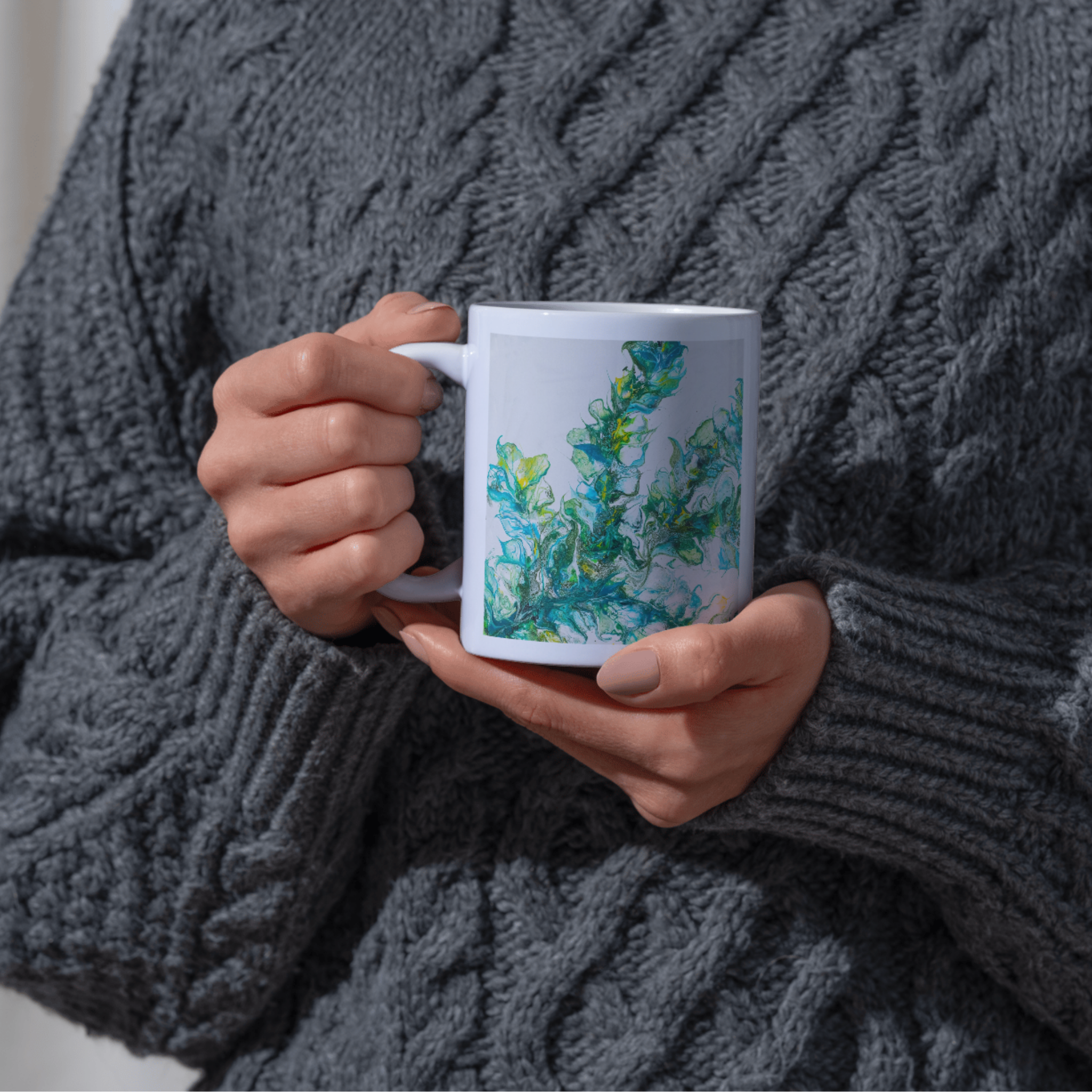 Riverlight Mug – Ceramic Mug with Swirling Abstract Design in Green, Blue & Yellow