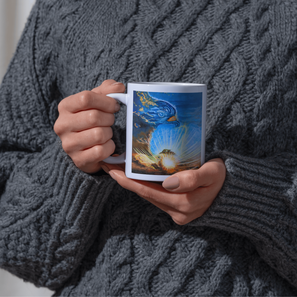 Messenger in the Sky Mug – Ceramic Mug with Surreal Cloud Bird & Sunburst Artwork