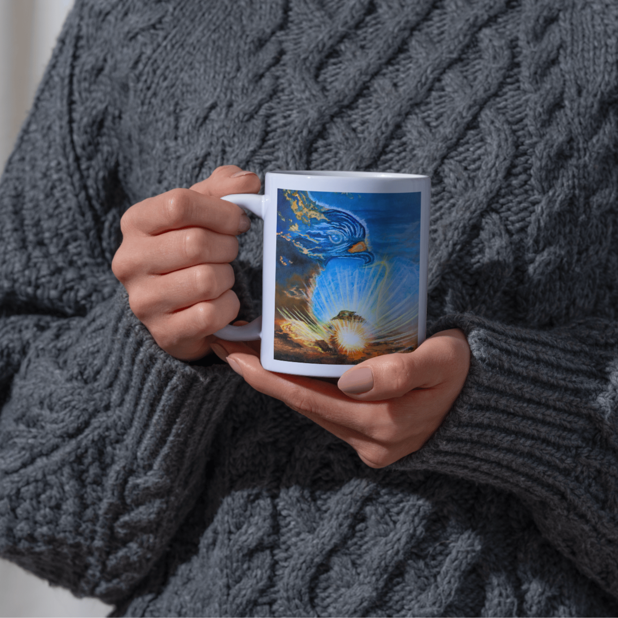 Messenger in the Sky Mug – Ceramic Mug with Surreal Cloud Bird & Sunburst Artwork