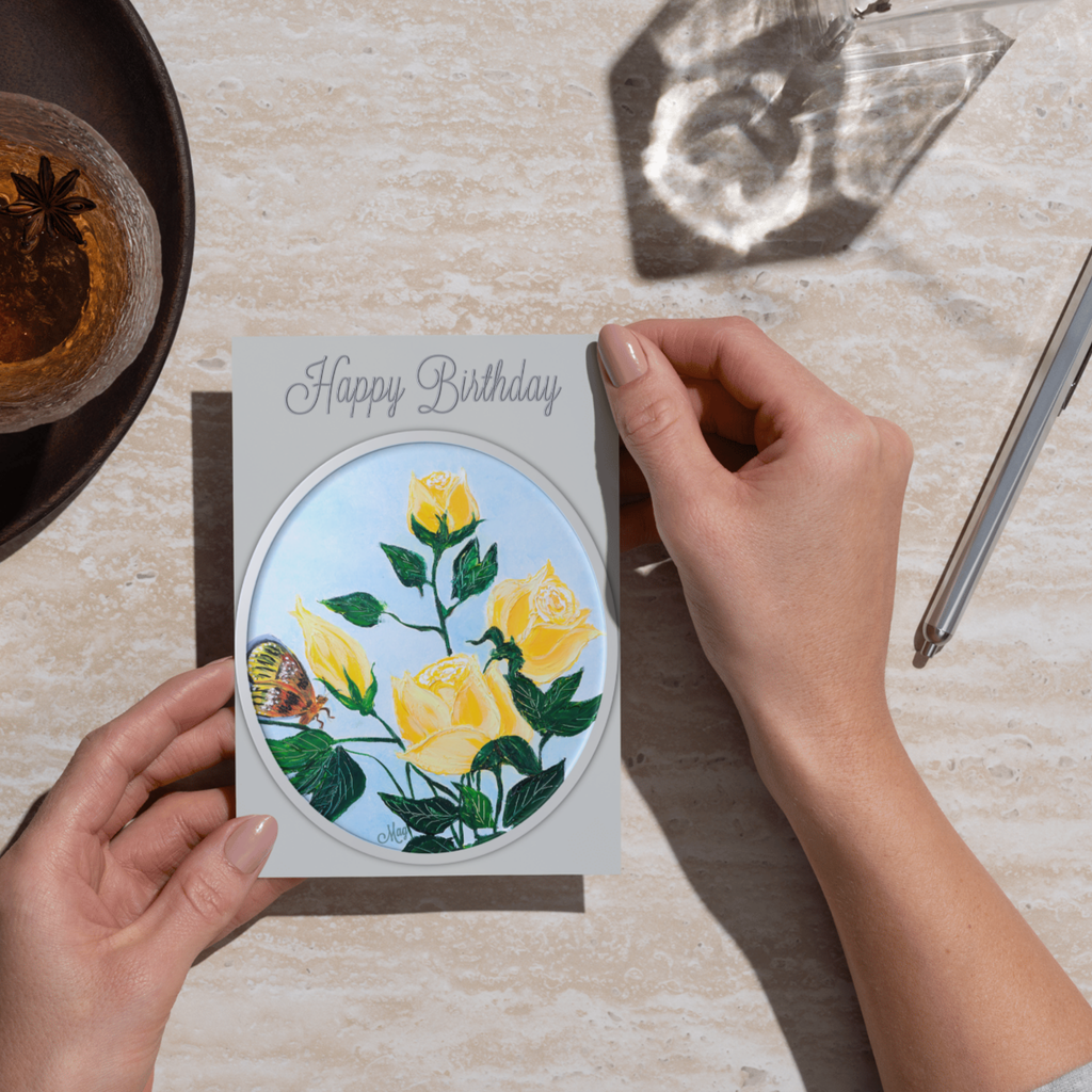 Rose Framed Card – Happy Birthday Greeting Card with Yellow Roses & Butterfly Illustration