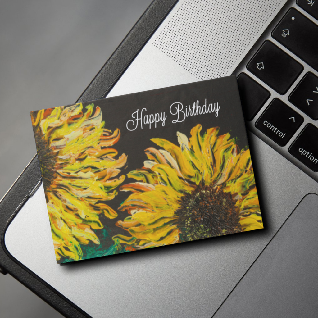 Sunflower Ember Card – Happy Birthday Greeting Card with Bold Sunflower Painting on Dark Background