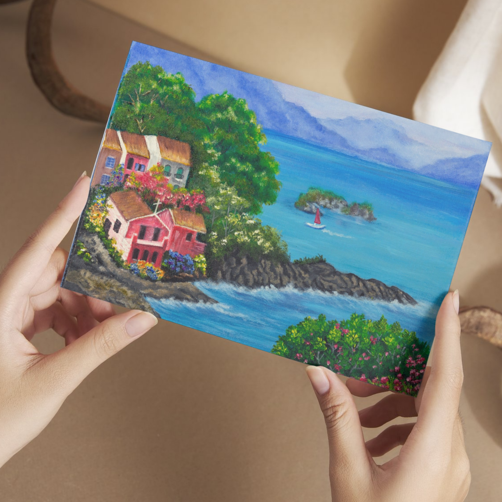 Seaside Bloom Card – Greeting Card with Vibrant Coastal Village & Nature Artwork