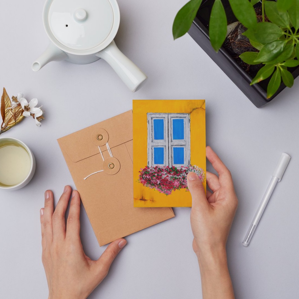 Window Bloom – Blank Greeting Card with Craft Envelope & Rustic Floral Window Artwork