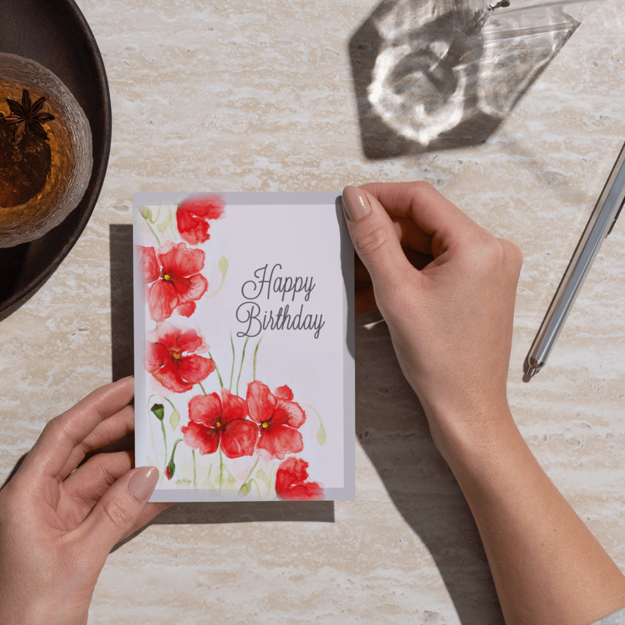 Poppy Blush Card – Happy Birthday Greeting Card with Watercolor Red Poppies