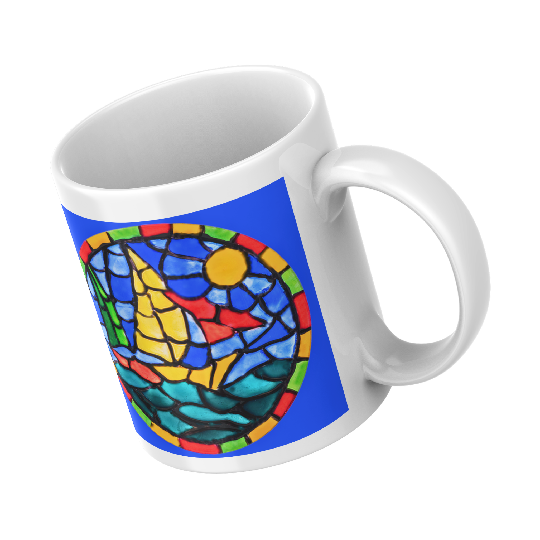 Stained Glass Sailboat at Sea Mug – Nautical Mosaic Ceramic Coffee Mug