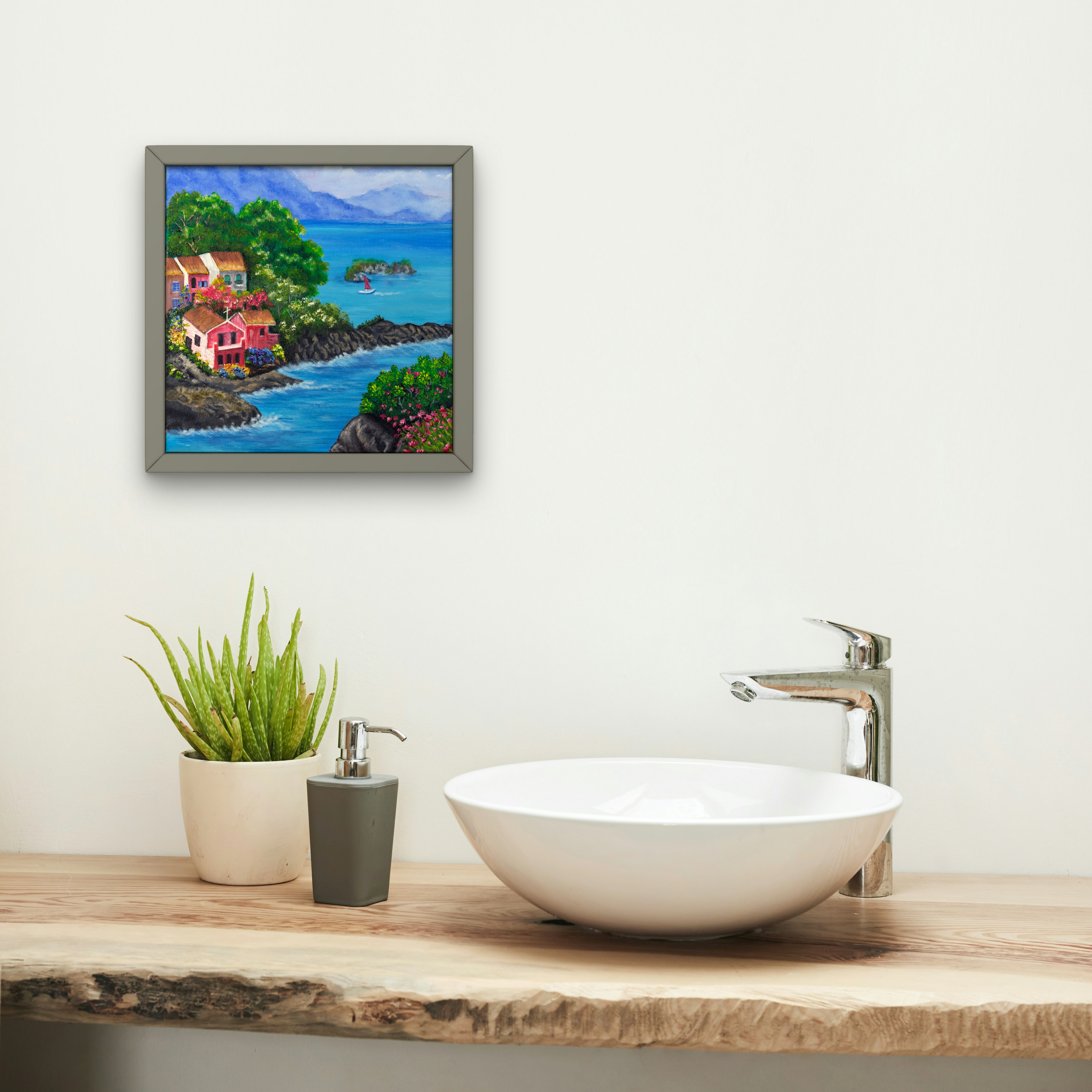 Colourful Coastal Village Canvas Print – Vibrant Seaside Wall Art for Home & Studio